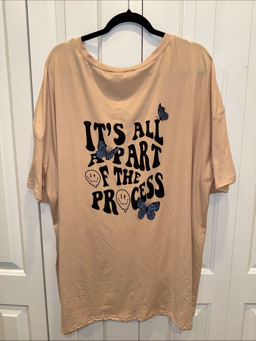 SHEIN Beige Graphic Tee with Black Lettering and Blue‎ Butterfly